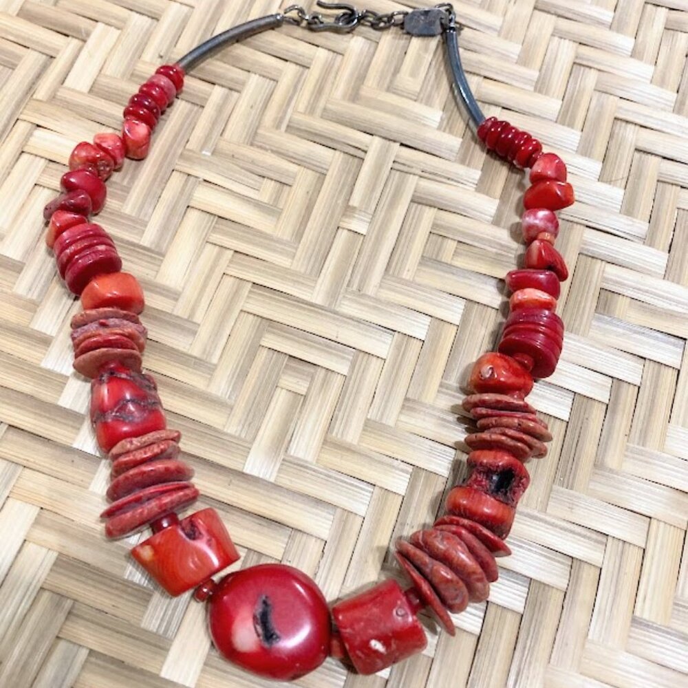 925 Sterling Silver Genuine Mediterranean Red Coral Large Bead Necklace